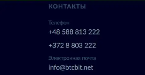 Телефоны и почта обменного online пункта BTCBit